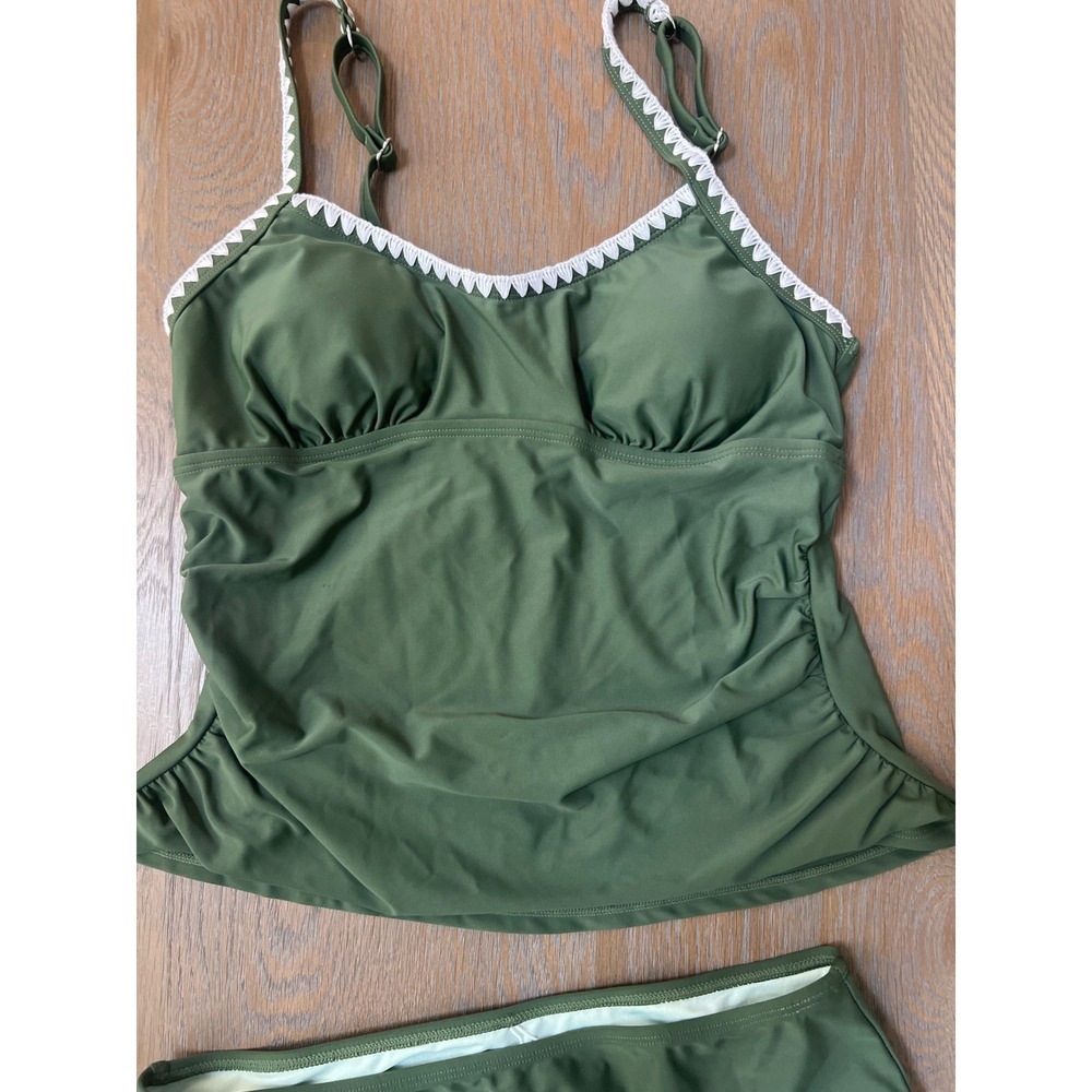 Cupshe Olive Green Scallop Trim Tankini Set Ruched Swimsuit - Picture 2 of 4